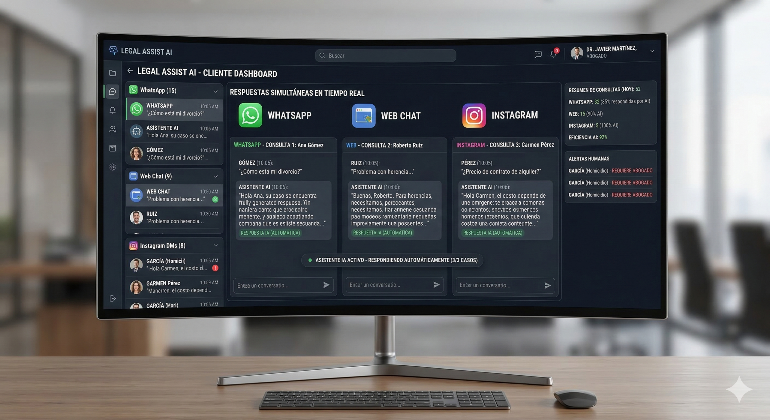 Panel de gestión mostrando múltiples consultas de clientes atendidas simultáneamente por IA