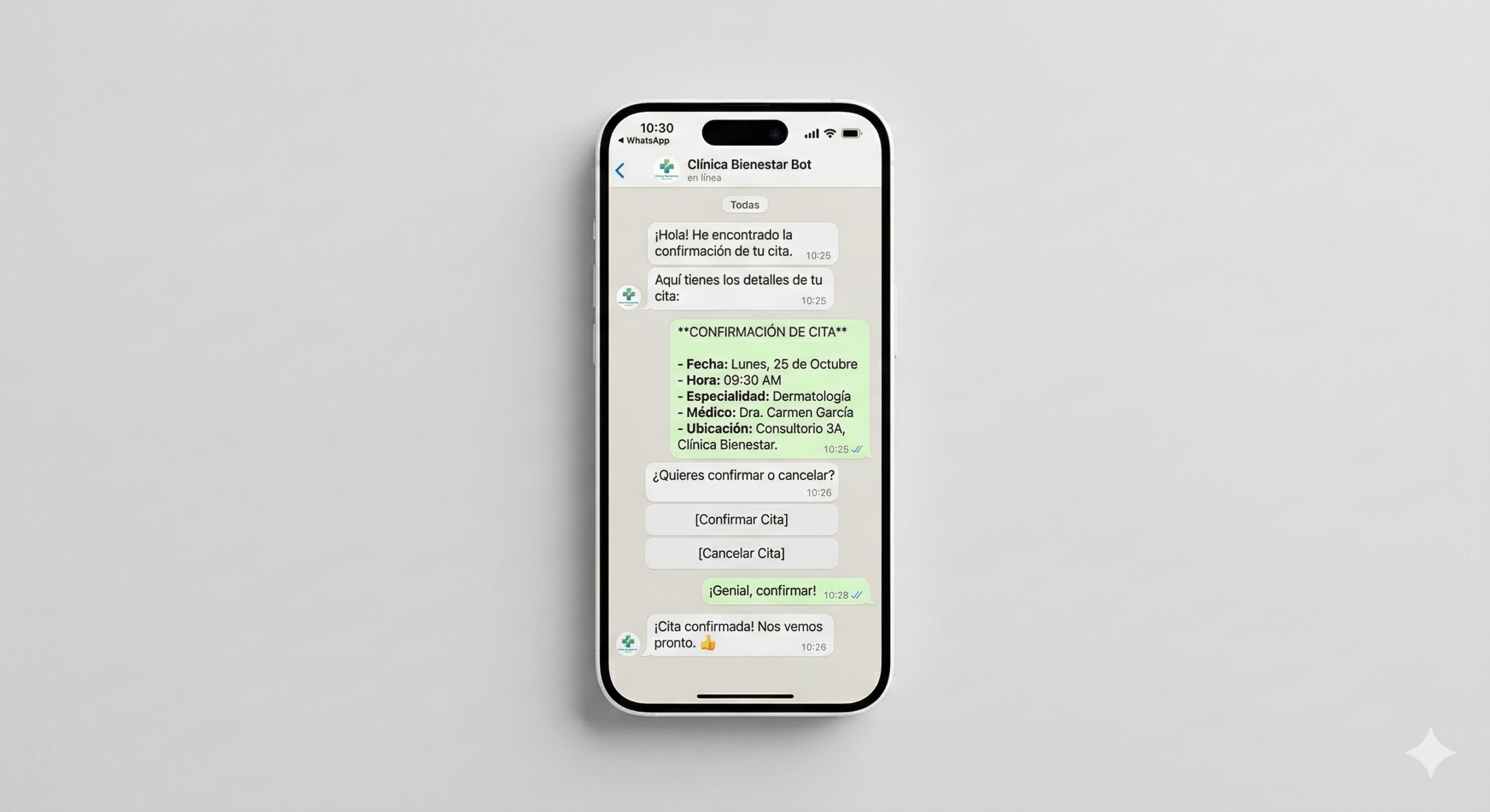 Conversación de WhatsApp entre paciente y chatbot de clínica privada