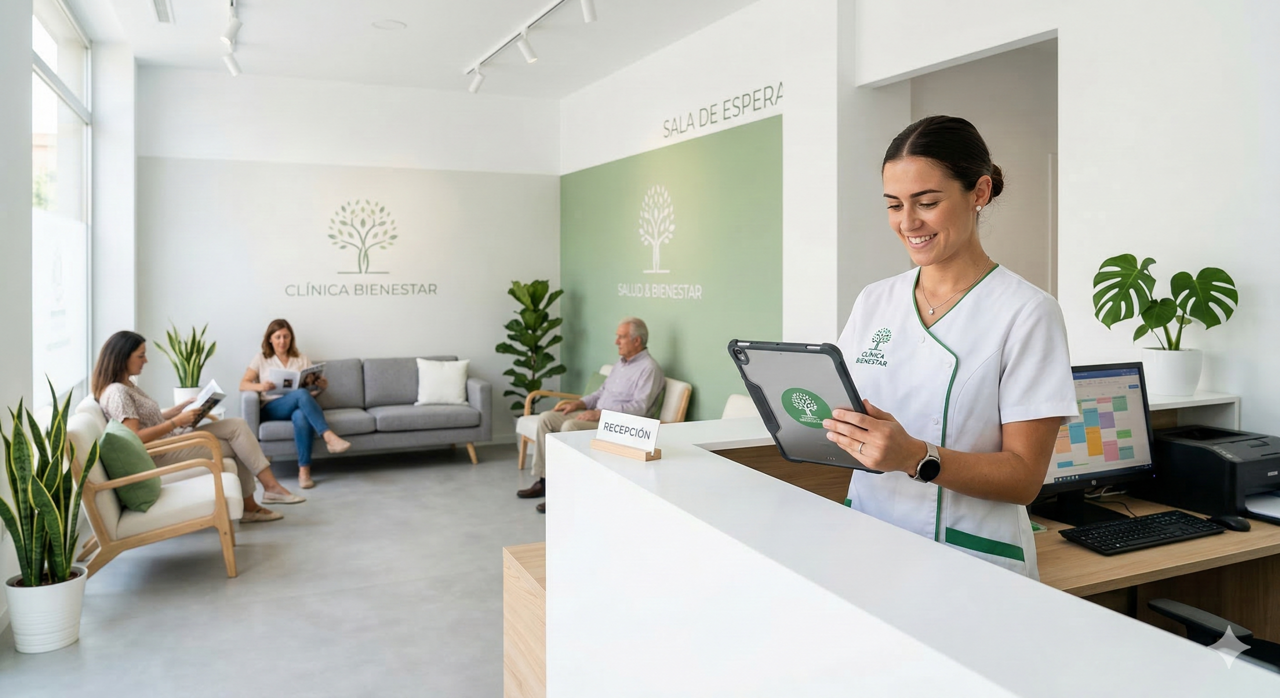 Recepcionista de clínica privada moderna gestionando citas con tablet
