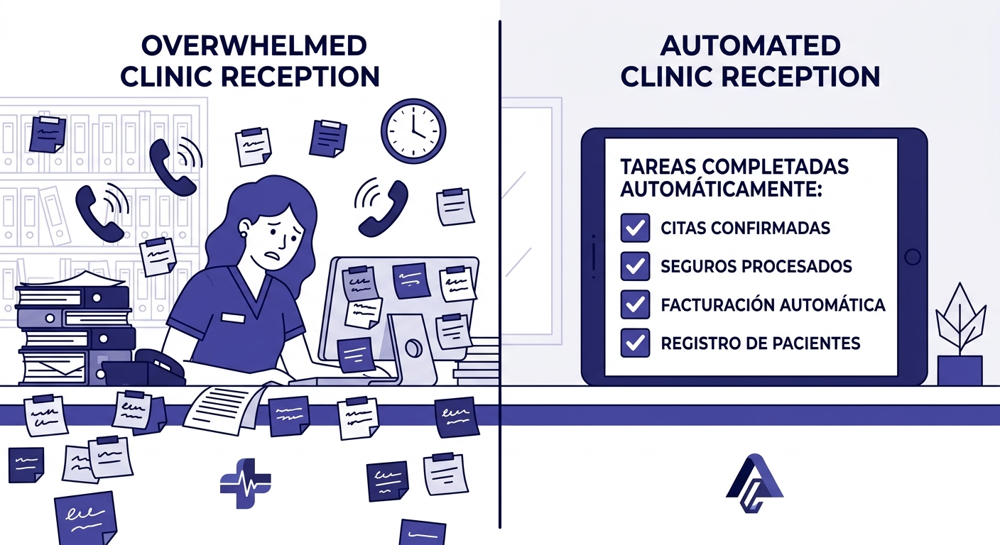 Panel de control de automatización de recepción clínica con métricas en tiempo real