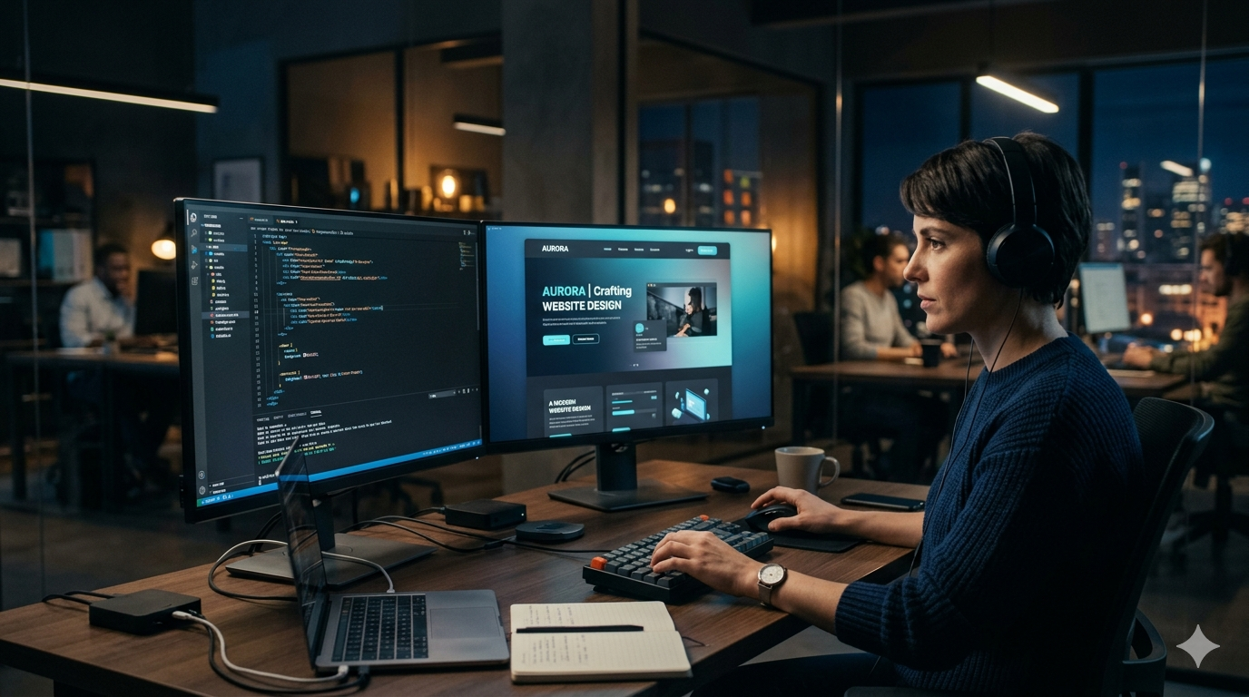 Desarrolladora trabajando en el precio de una página web profesional