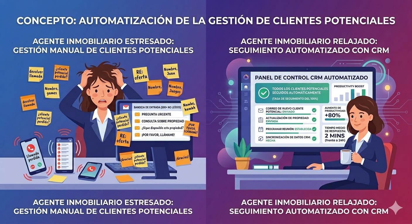 Panel CRM inmobiliaria con seguimiento automático de leads y métricas de conversión