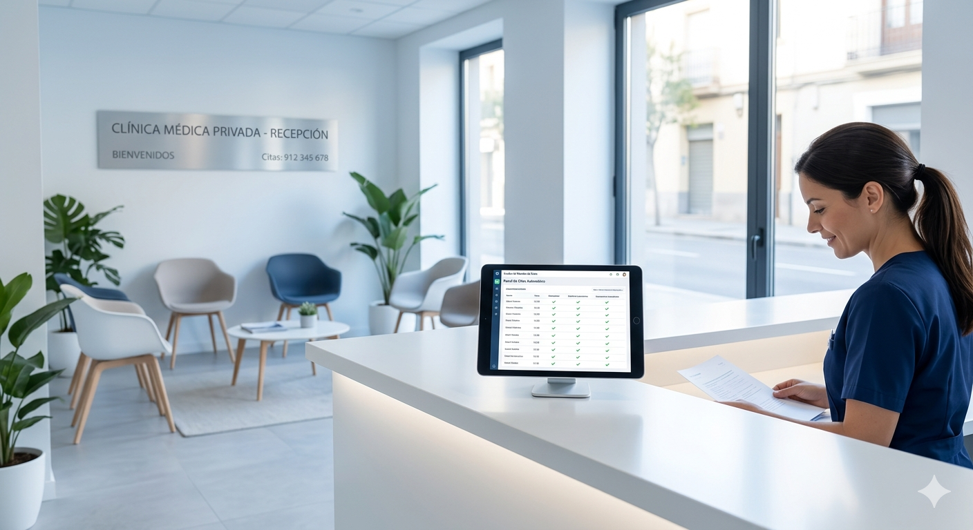 Recepción de clínica privada moderna con sistema de automatización de citas