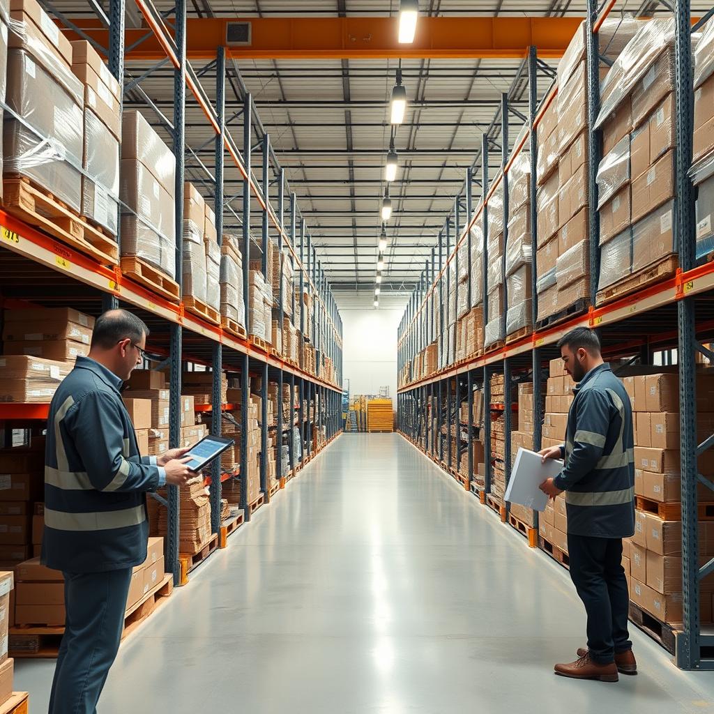 Portal B2B distribuidores industriales: almacén moderno con gestión digital de pedidos mayoristas