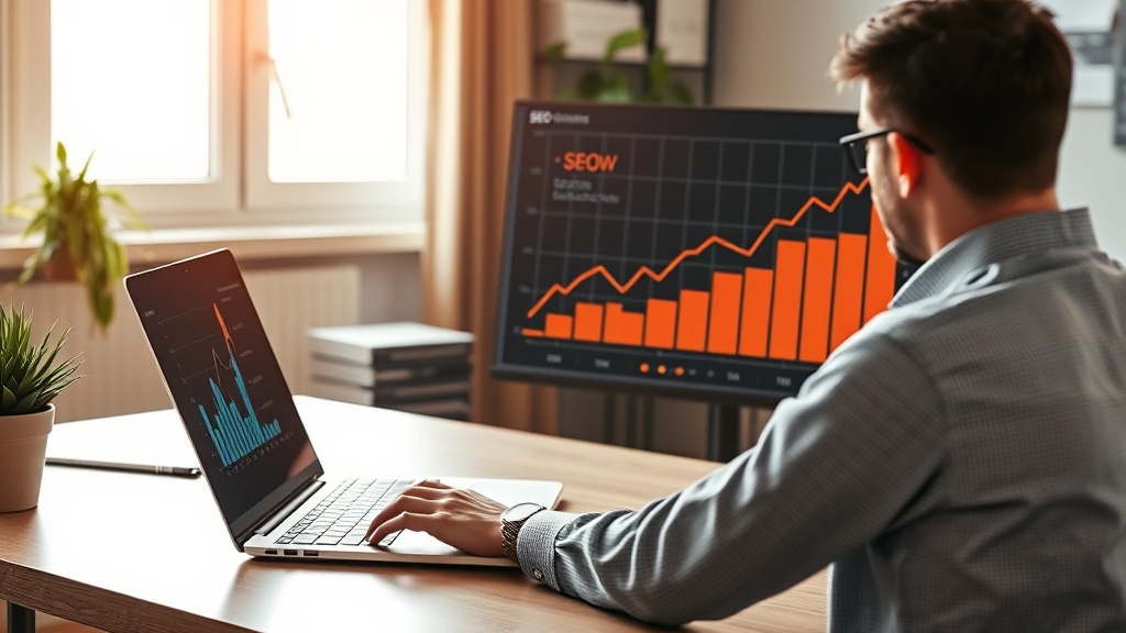 Propietario de negocio revisando resultados SEO en gráfica de crecimiento