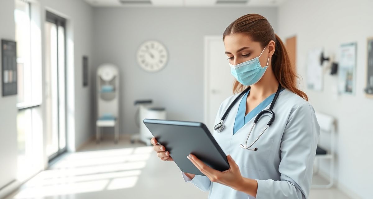 Fisioterapeuta en clínica moderna gestionando citas con herramientas digitales de automatización IA