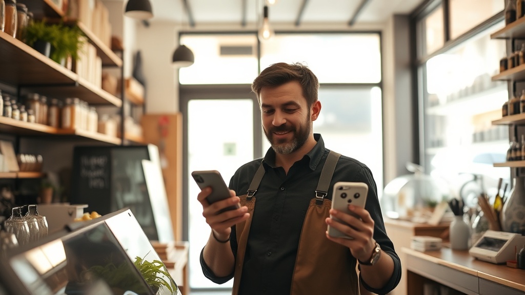 Propietario de negocio local en España usando inteligencia artificial para atender clientes