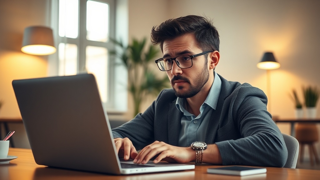 Propietario de empresa que necesita rediseño web urgente revisando web desactualizada