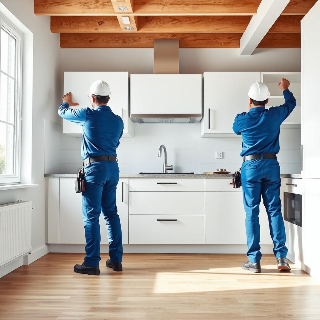 Software de presupuestos automáticos para reformas: operarios instalando cocina en piso moderno