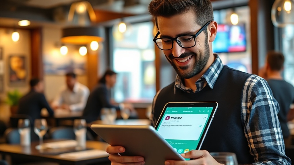 Chatbot para WhatsApp en restaurante español: propietario revisando reservas automáticas en tablet
