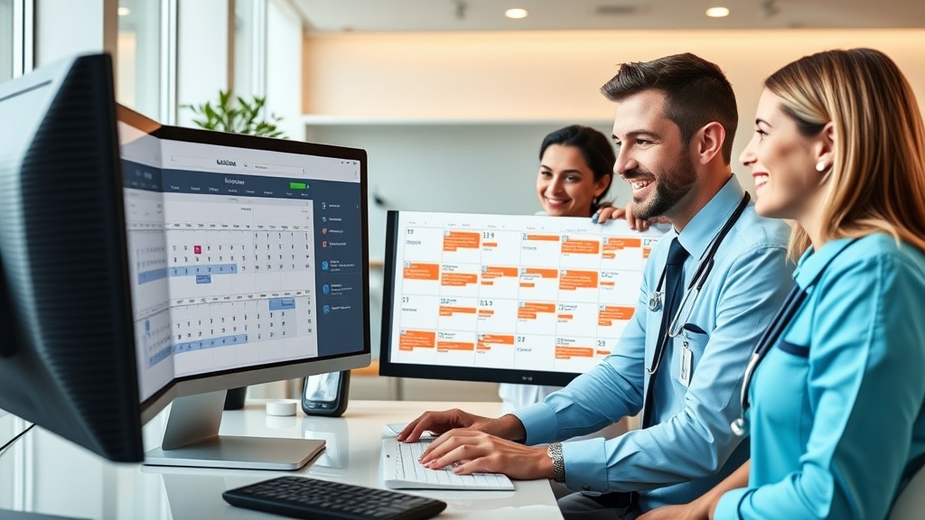 Equipo administrativo clínica privada Madrid con agenda llena gracias a chatbot IA NexoraSuite