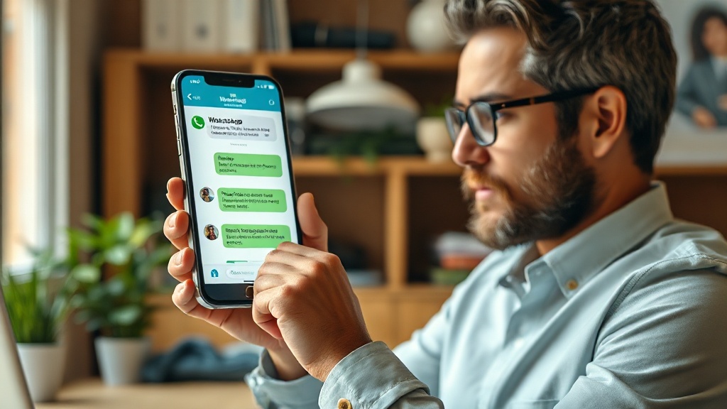 Chatbot para WhatsApp en España: empresario revisando conversaciones automatizadas en smartphone
