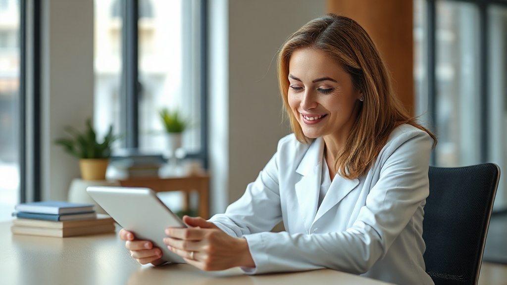 Directora clínica privada Sarrià Barcelona revisando agenda automatizada con chatbot IA activo en tablet