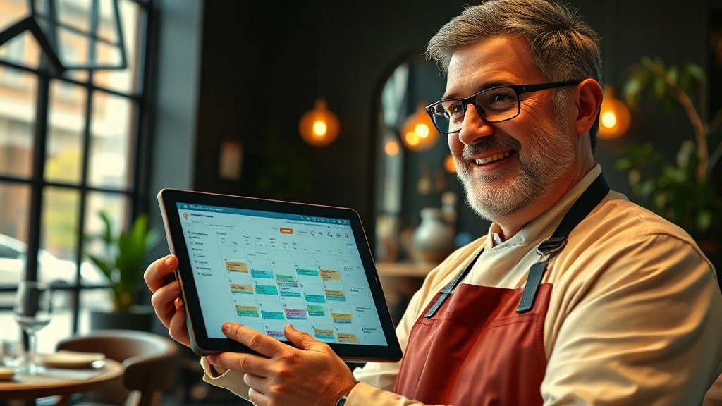 Propietario de restaurante Madrid revisando panel de reservas automáticas con chatbot IA activo