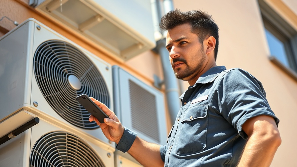Técnico aire acondicionado instalando unidad exterior en verano mientras pierde llamadas de clientes