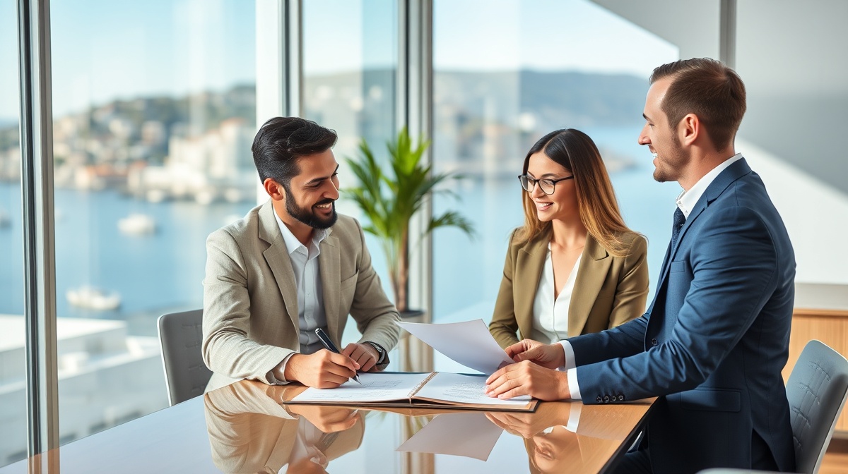 Compradores internacionales firmando con agente inmobiliario