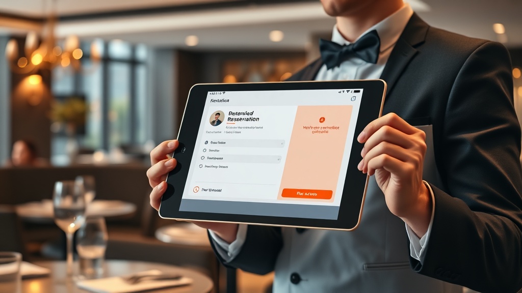Recepción de restaurante gestionando reservas directas con tablet e IA